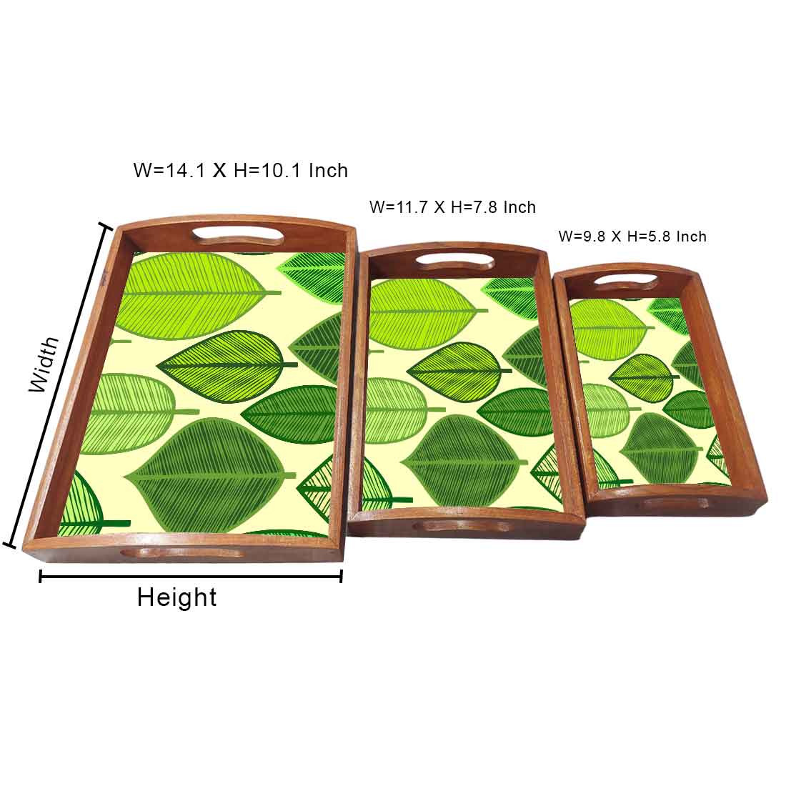 Wooden Decorative Serving Trays Set of 3 for Tea Coffee - Green Leaf - Image 4