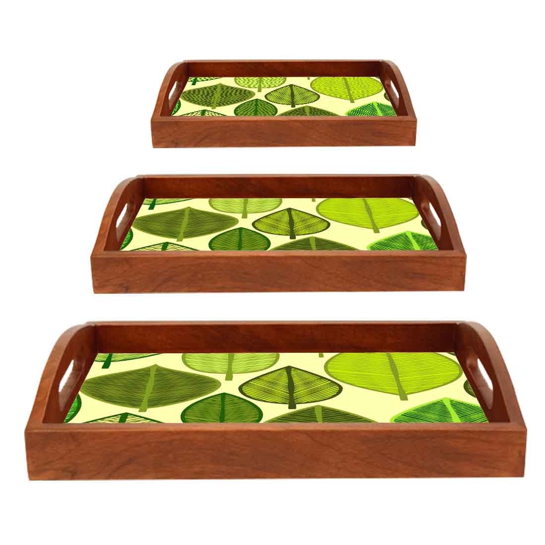 Wooden Decorative Serving Trays Set of 3 for Tea Coffee - Green Leaf - Image 5
