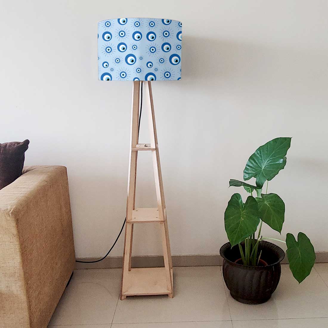 Designer Wooden Tripod Floor Lamp with Shelf for Living Room - Evil Eye Protector - Image 12