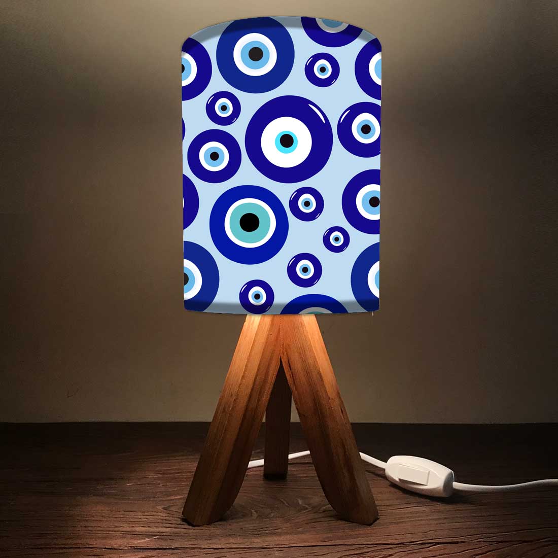 Wooden Table Lamp Mini Tripod Lamps for Kids Bedroom-Evil Eye Protector (3W LED Bulb Included)