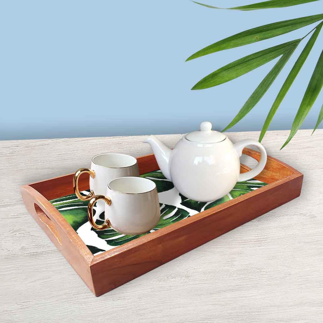 Wooden Serving Tray for Kitchen with Cut Out Handle Set of 3 - Leaf - Image 2