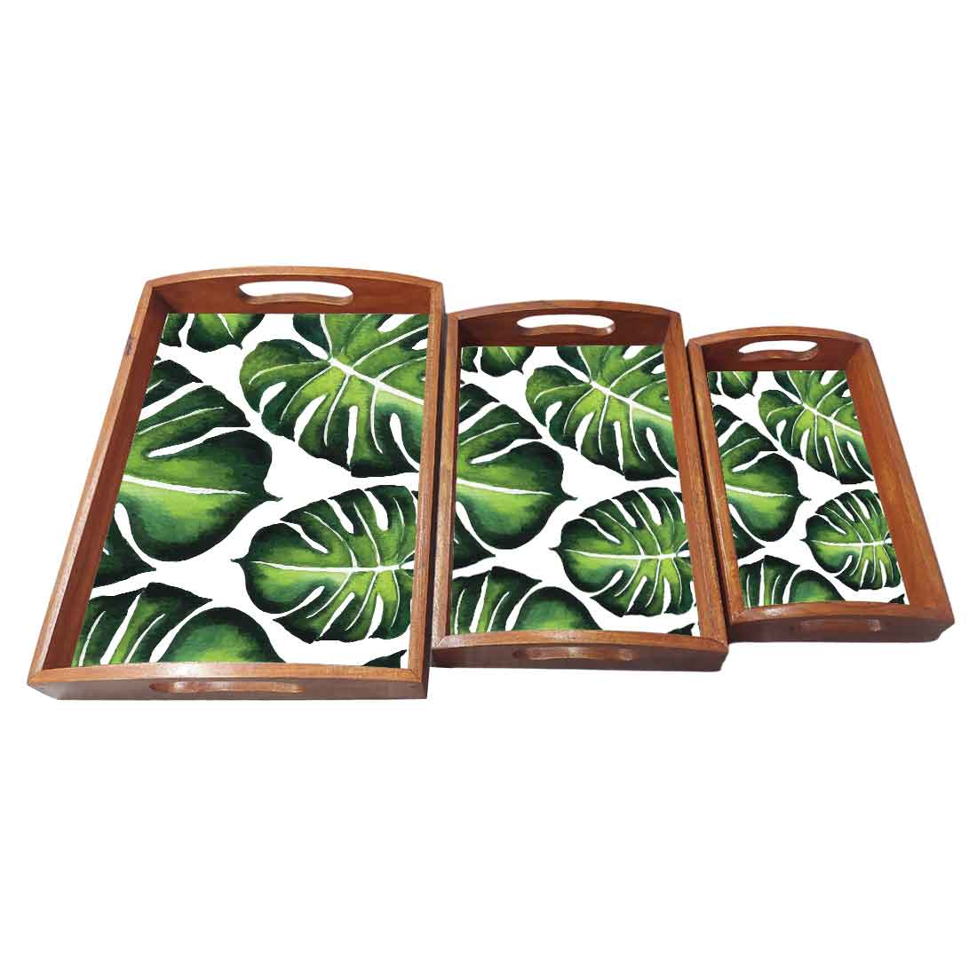 Wooden Serving Tray for Kitchen with Cut Out Handle Set of 3 - Leaf - Image 4