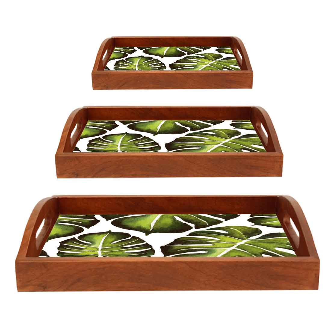 Wooden Serving Tray for Kitchen with Cut Out Handle Set of 3 - Leaf - Image 6