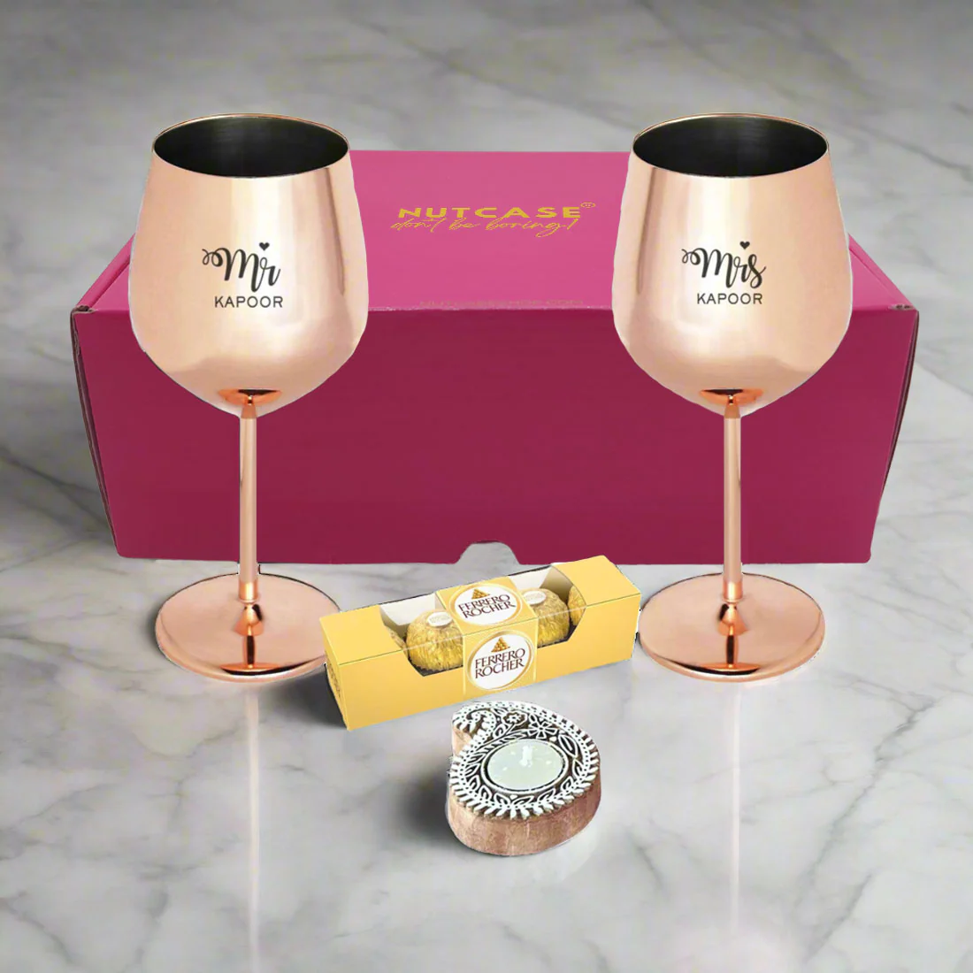 Diwali Gift for Couple Custom Copper Wine Glasses with Beautiful Candle Holder - Image 3