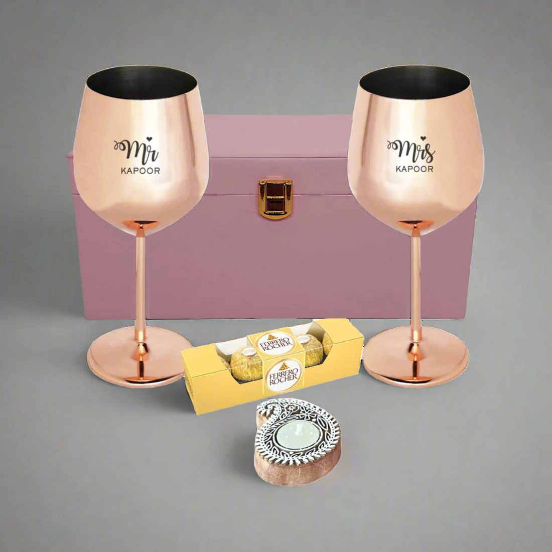 Diwali Gift for Couple Custom Copper Wine Glasses with Beautiful Candle Holder - Image 5