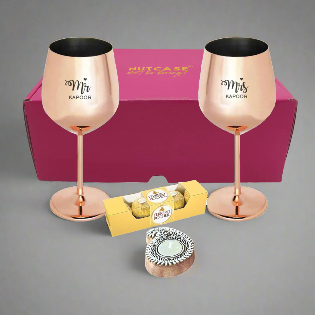 Diwali Gift for Couple Custom Copper Wine Glasses with Beautiful Candle Holder - Image 6