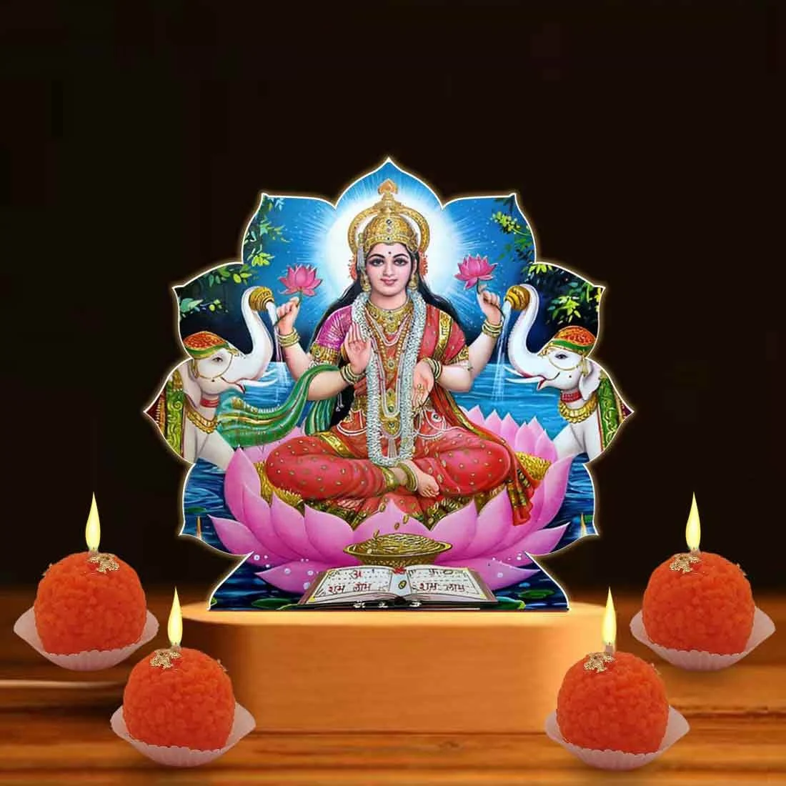 Diwali Gift for Relatives with Goddess Laxmi Lamp and Motichur Candles