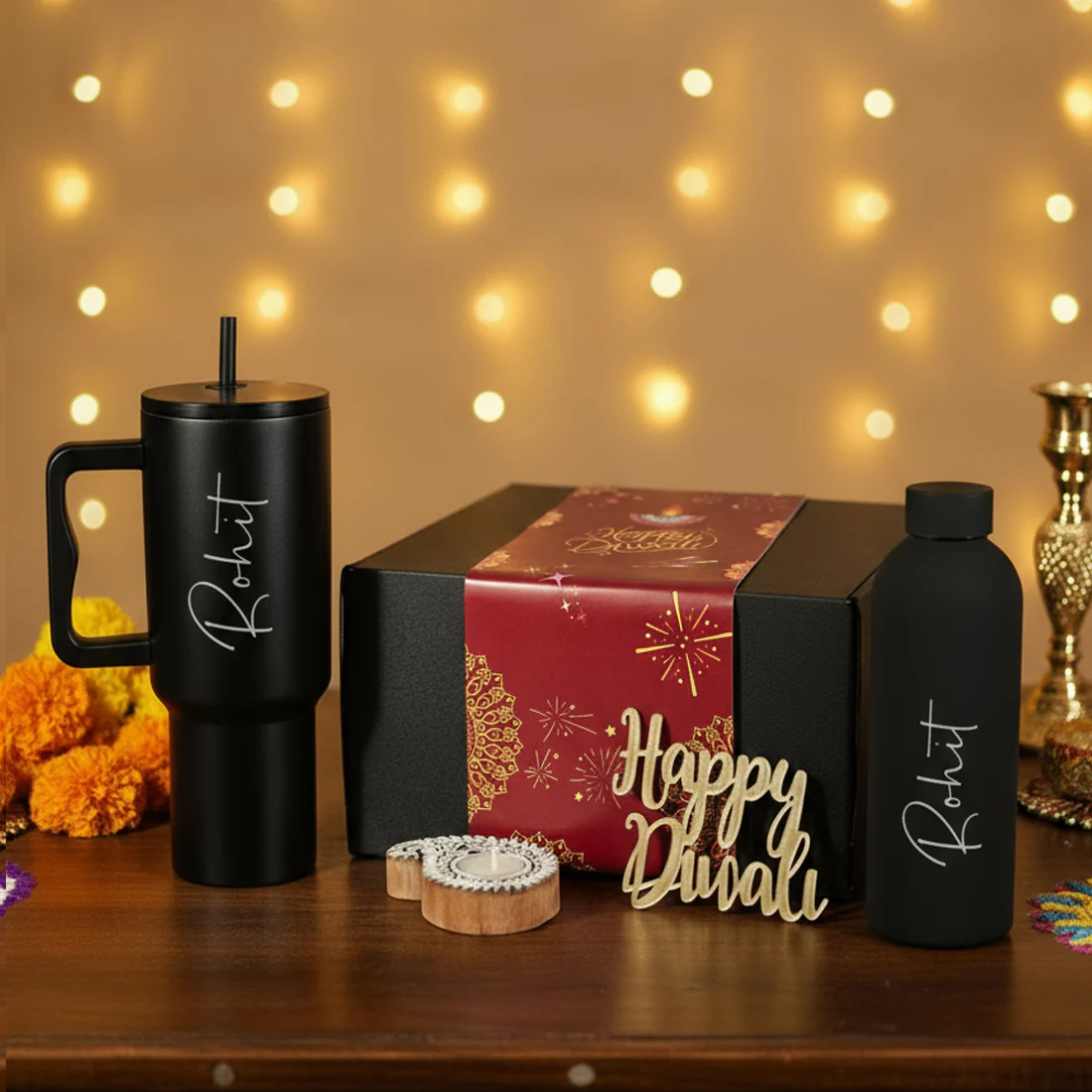 Personalized Diwali Gift Set – Custom Tumbler & Insulated Bottle with Candle - Image 2