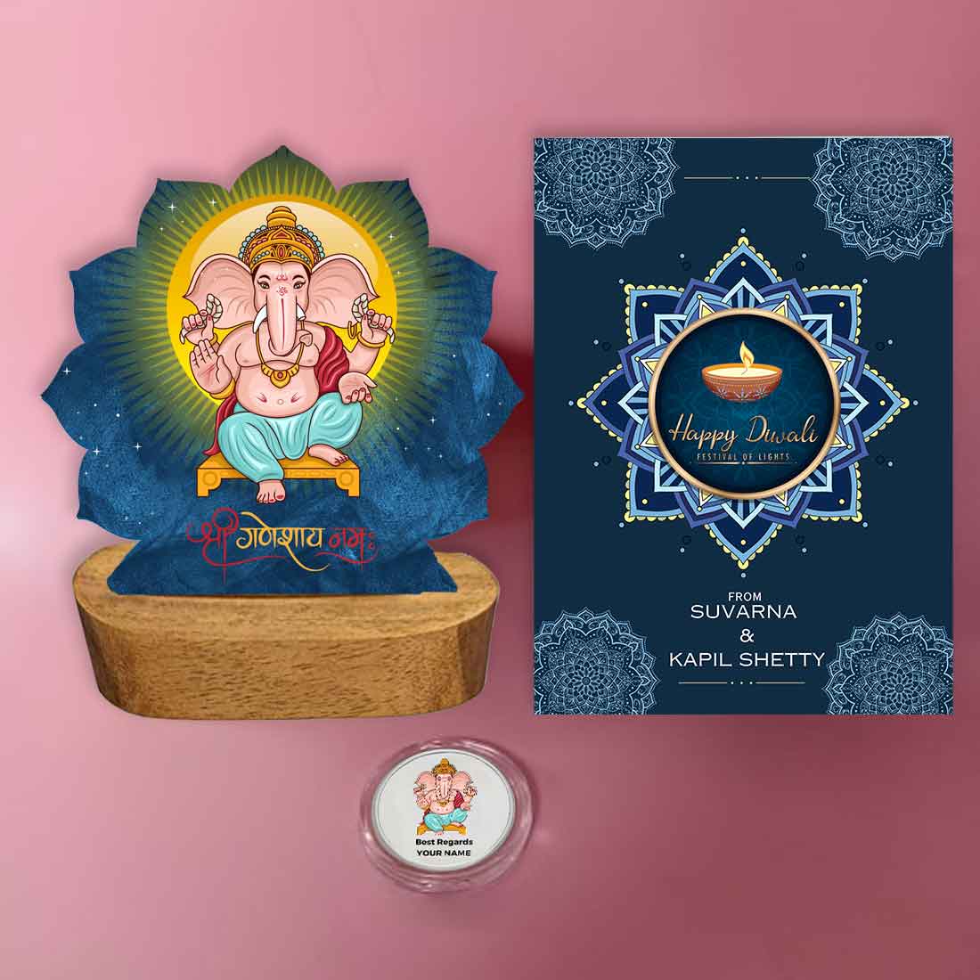 Diwali Gift Set with Lord Ganesha Lamp 10 gm Silver Coin and Greeting Card - Image 2