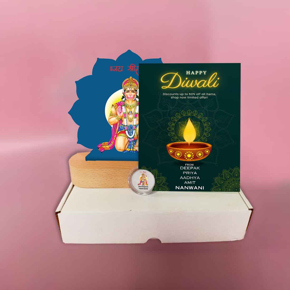 Diwali Gift Set with Lord Hanuman Lamp 10 gm Silver Coin and Greeting Card - Image 2