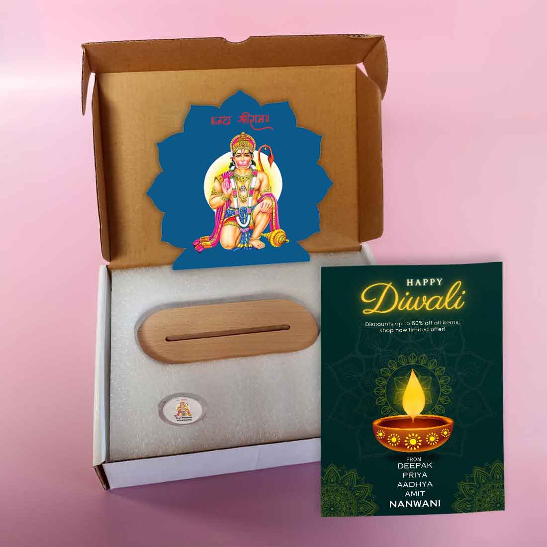 Diwali Gift Set with Lord Hanuman Lamp 10 gm Silver Coin and Greeting Card - Image 4