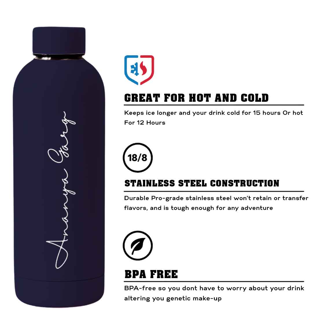 Double Insulated Water Bottle with Name 500ml Stainless Steel Bottles for Office Home Travel- BPA Free, Leakproof - Image 18