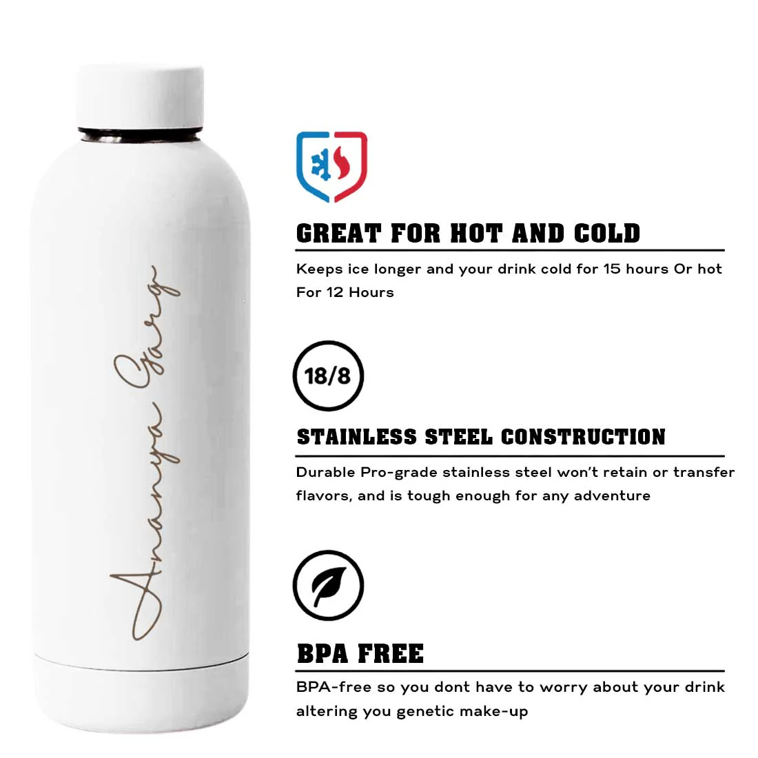 Double Insulated Water Bottle with Name 500ml Stainless Steel Bottles for Office Home Travel- BPA Free, Leakproof - Image 30
