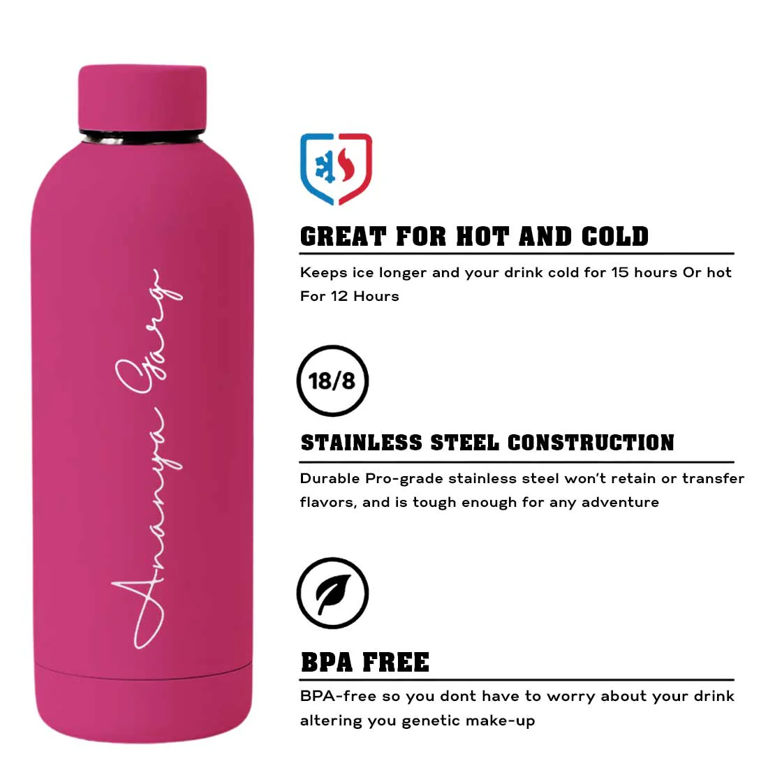 Double Insulated Water Bottle with Name 500ml Stainless Steel Bottles for Office Home Travel- BPA Free, Leakproof - Image 31