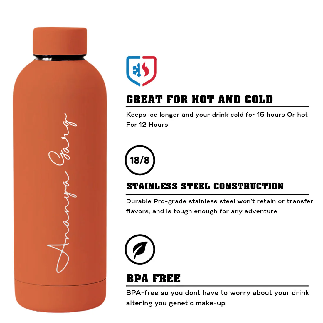 Double Insulated Water Bottle with Name 500ml Stainless Steel Bottles for Office Home Travel- BPA Free, Leakproof - Image 34