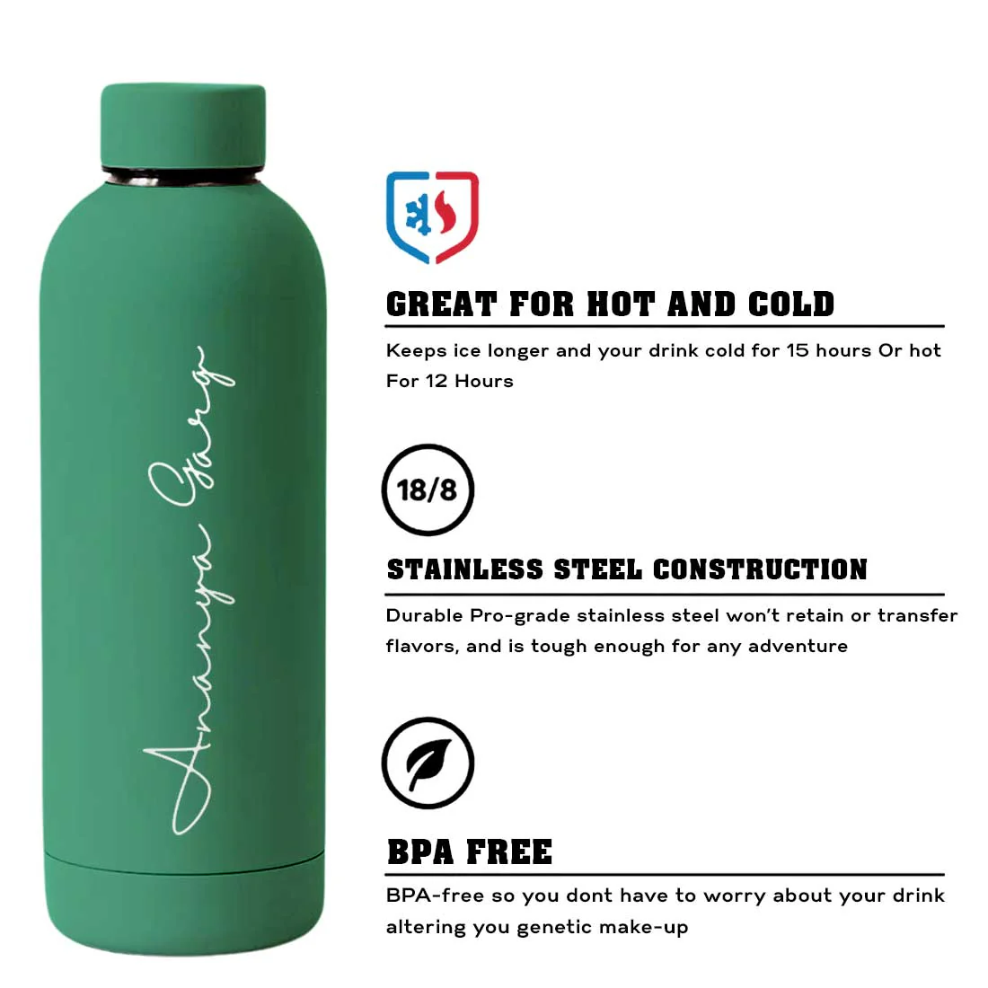 Double Insulated Water Bottle with Name 500ml Stainless Steel Bottles for Office Home Travel- BPA Free, Leakproof - Image 46