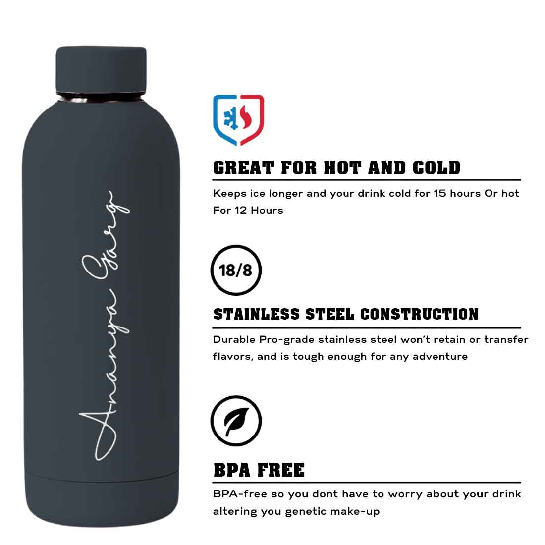 Double Insulated Water Bottle with Name 500ml Stainless Steel Bottles for Office Home Travel- BPA Free, Leakproof - Image 62