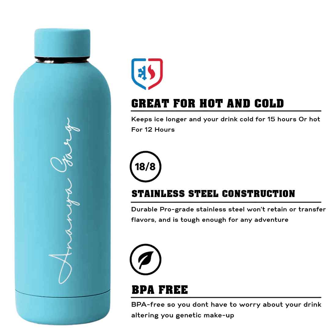 Double Insulated Water Bottle with Name 500ml Stainless Steel Bottles for Office Home Travel- BPA Free, Leakproof - Image 78
