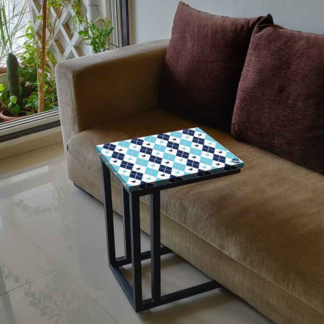 C Shaped Metal Table For Sofa - Blue Plaids