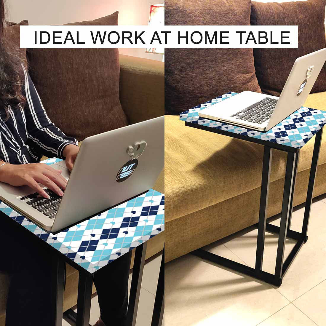 C Shaped Metal Table For Sofa - Blue Plaids - Image 6