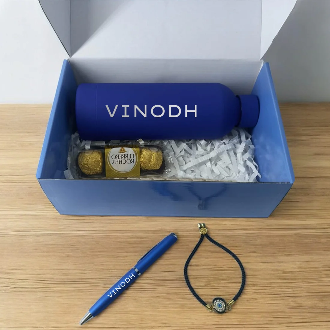 Evil Eye Rakhi for Brother Comes with Custom Bottle, Personalized Pen and Chocolate - Image 2