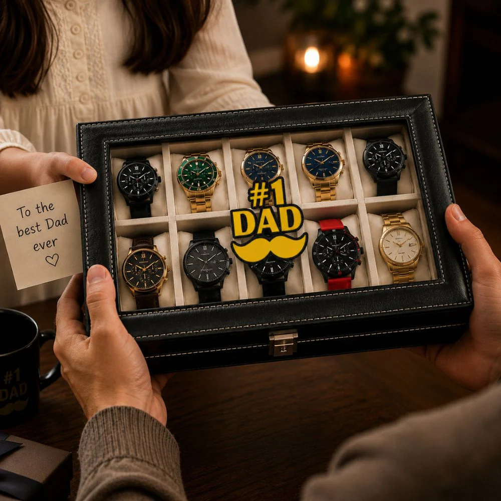 Father's Day Gift Hamper | Includes 10 slot watch box, Men’s Wallet, Sunglass Case and Black Pen - Image 5