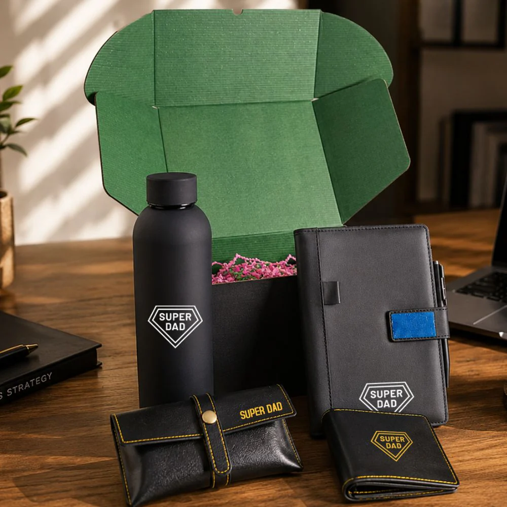 Father's Day Gift Set | Includes 750ml Double Insulated Water Bottle, A5 Faux Leather Diary with Matching Pen, Men’s Wallet and Sunglass Case - Image 2