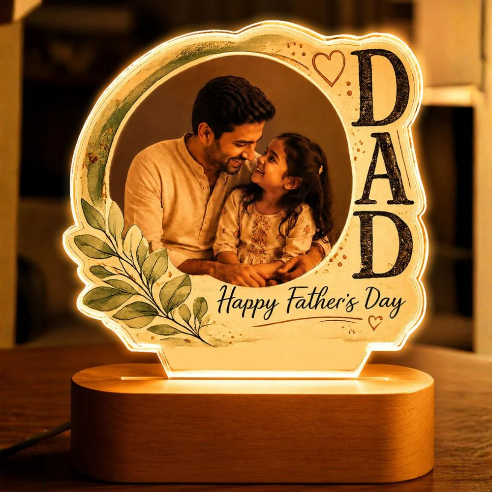 Father's Day Photo Lamp | Custom LED Night Light with Wooden Base
