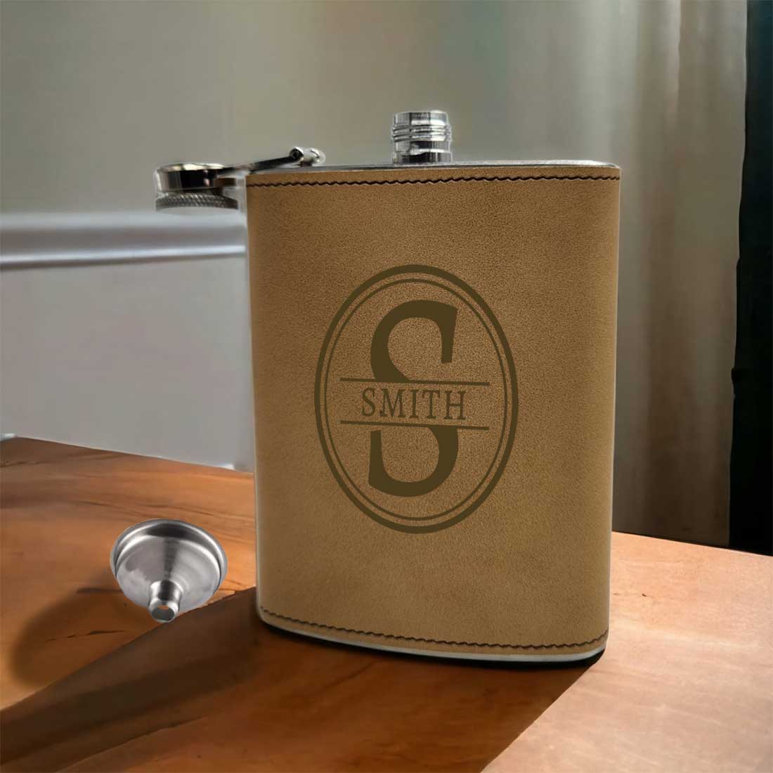 Customized Faux Leather Hip Flask Engraved Alcohol Flasks - Circle Monogram - Image 6