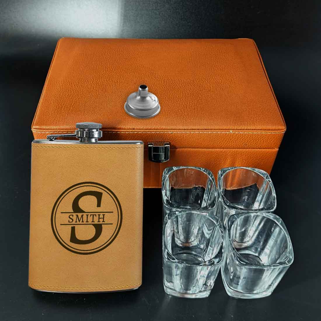 Customized Faux Leather Hip Flask Engraved Alcohol Flasks - Circle Monogram - Image 7