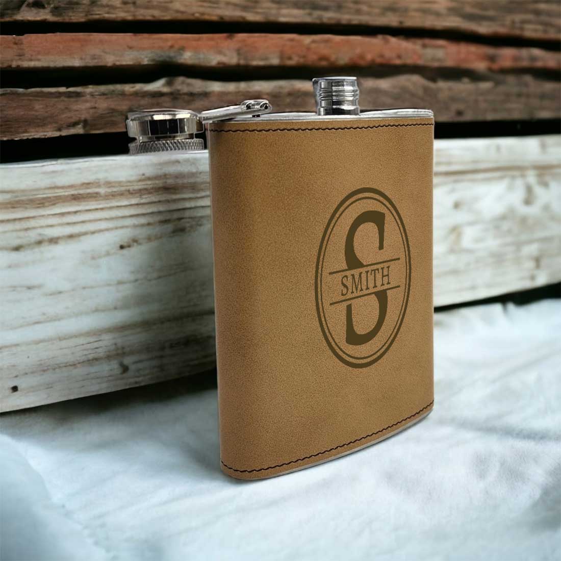 Customized Faux Leather Hip Flask Engraved Alcohol Flasks - Circle Monogram - Image 8