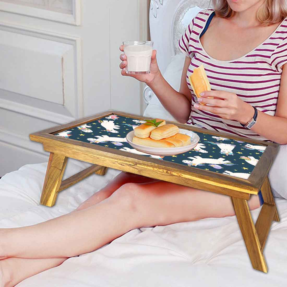 Folding Wooden Laptop Table for Home Bed Breakfast Tray - White Unicorn - Image 6