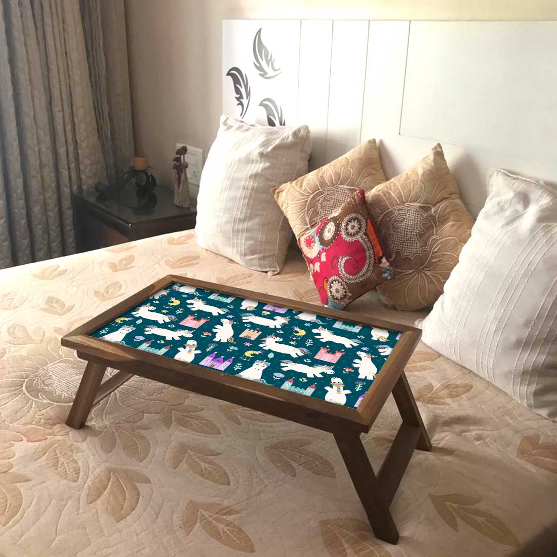 Kids Foldable Printed Bed Table for Breakfast Tables - White Unicorn