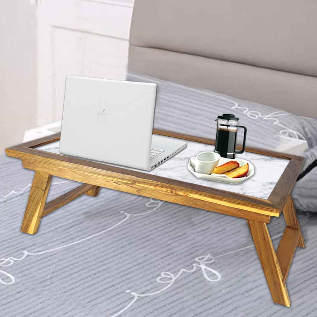 Nutcase Designer Lapdesk Over Bed Breakfast Table Teak Wooden Study Desk - Digital Print NOT Real Marble -White Marble Effect - Image 4
