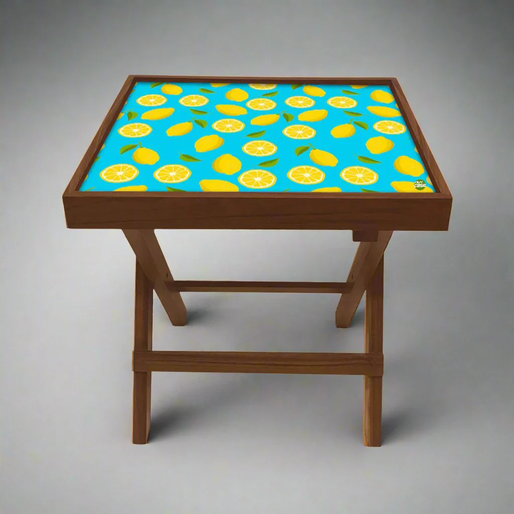 Folding Side Table - Teak Wood - Lime Lemon Pattern