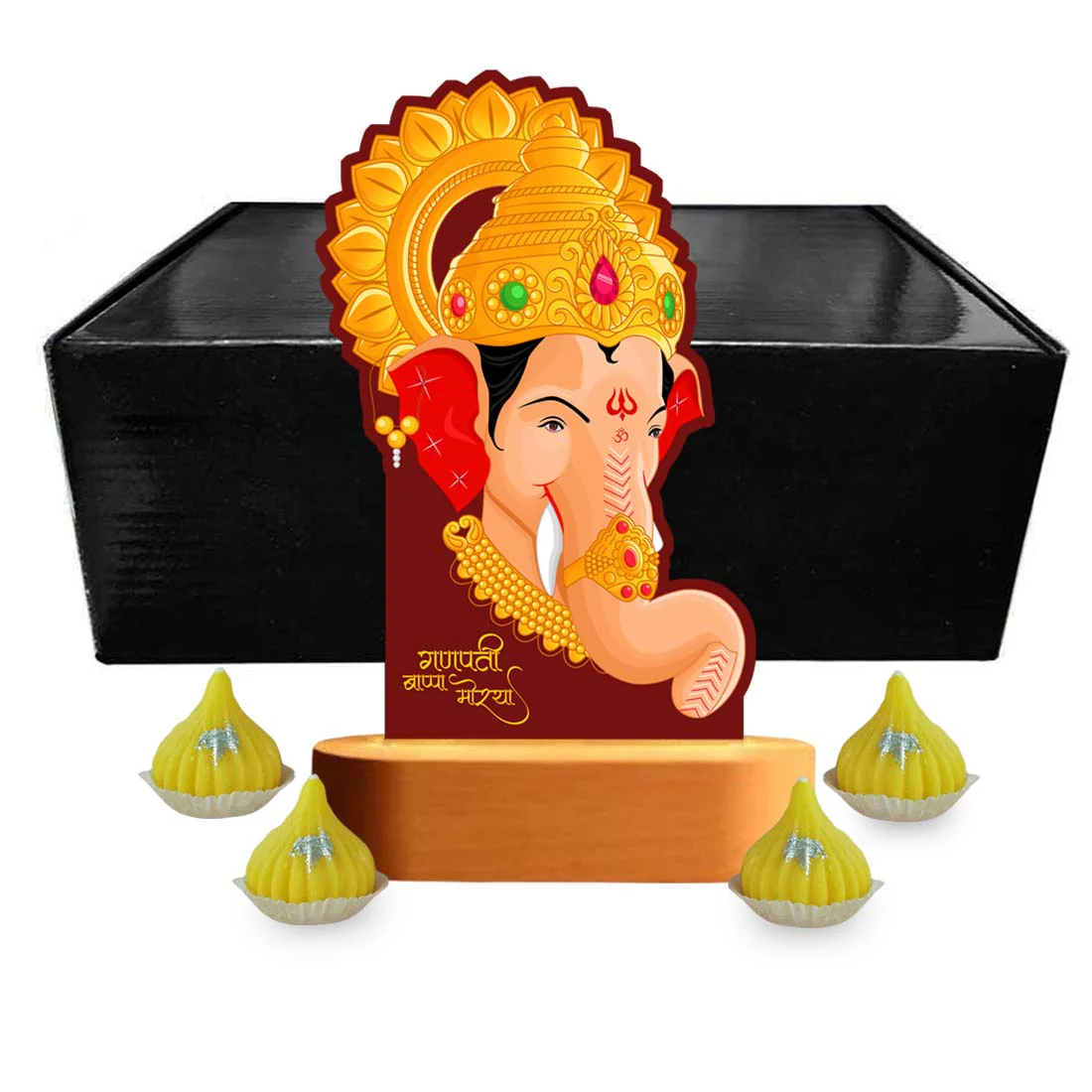 Ganpati LED Light Idol For Home With Silver Coin, Modak Candles & Lamp; - Ganesh Chaturti Gifts - Image 2