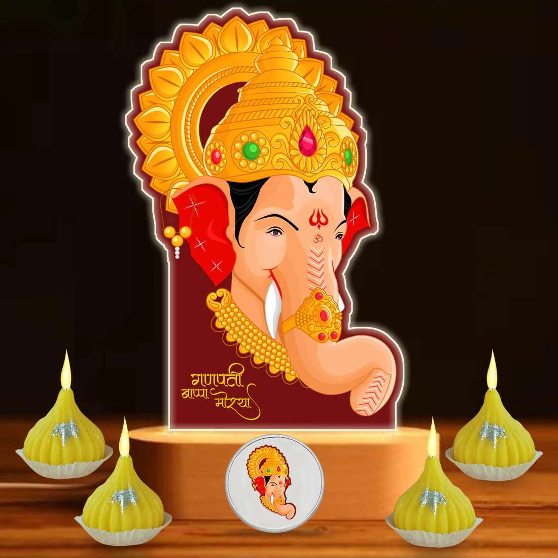 Ganpati LED Light Idol For Home With Silver Coin, Modak Candles & Lamp; - Ganesh Chaturti Gifts - Image 4