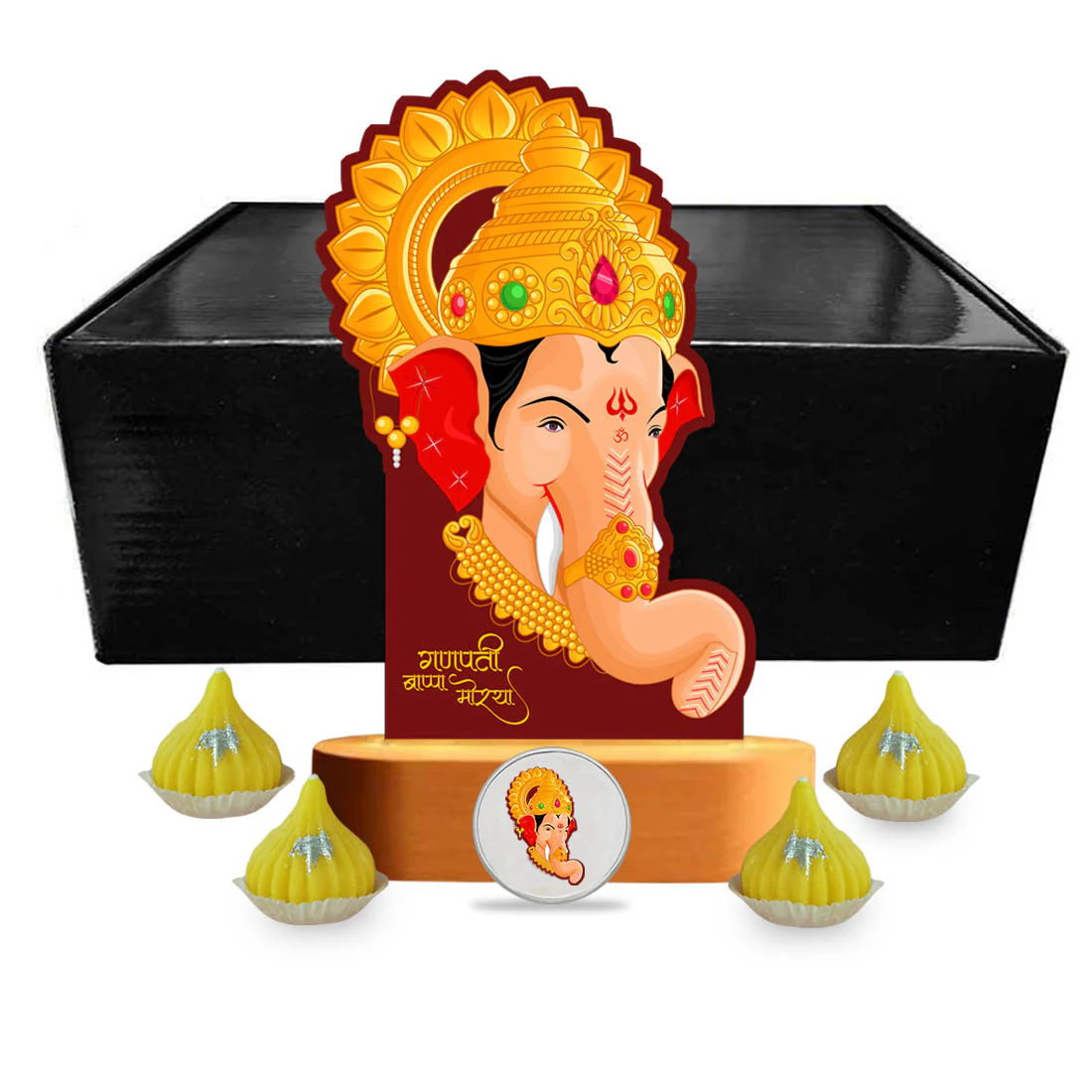 Ganpati LED Light Idol For Home With Silver Coin, Modak Candles & Lamp; - Ganesh Chaturti Gifts - Image 5