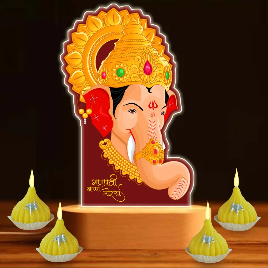 Ganpati LED Light Idol For Home With Silver Coin, Modak Candles & Lamp; - Ganesh Chaturti Gifts - Image 7