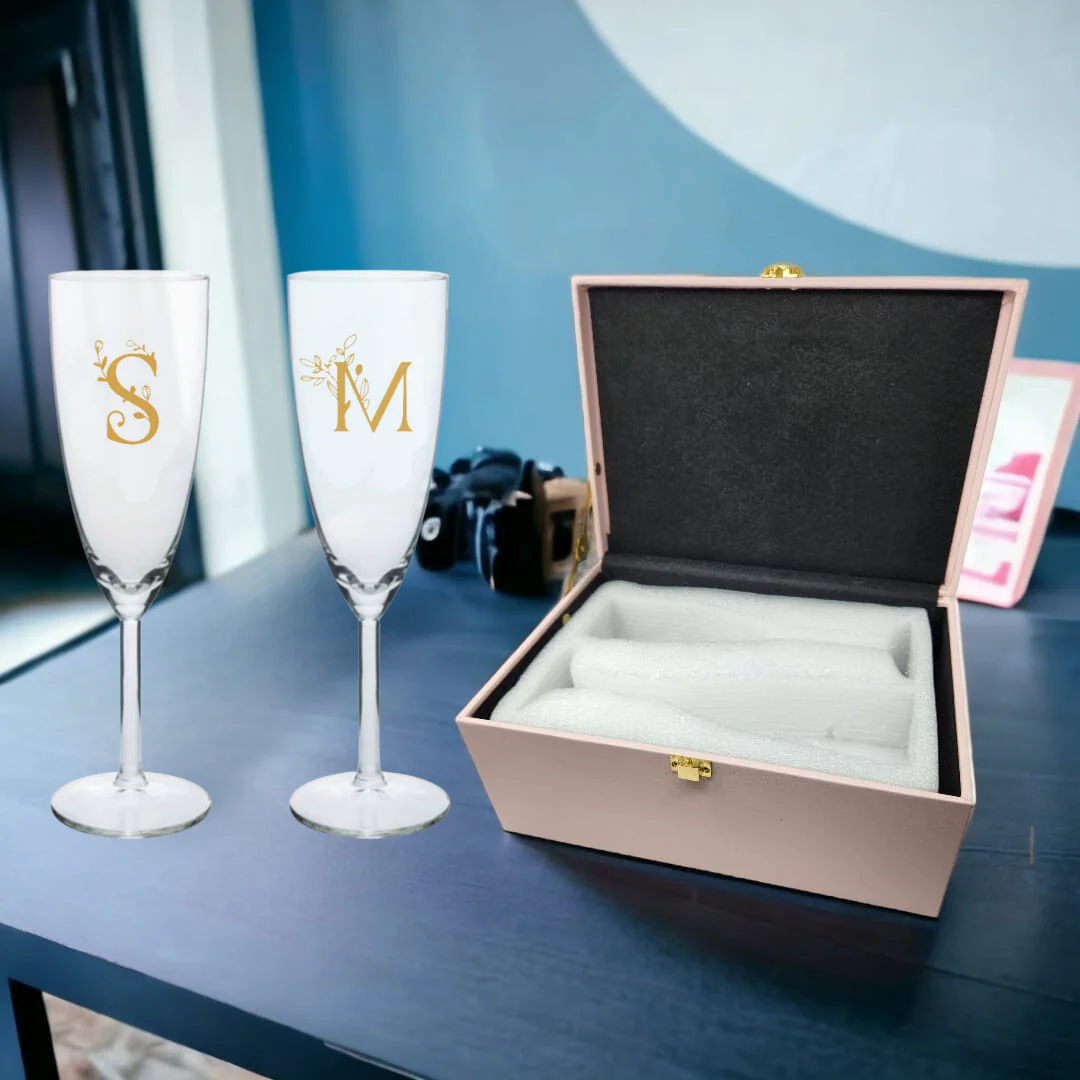 Personalized Champagne Glass Set of 2 Gift Box for Couples - Black Boxes Available - Image 2