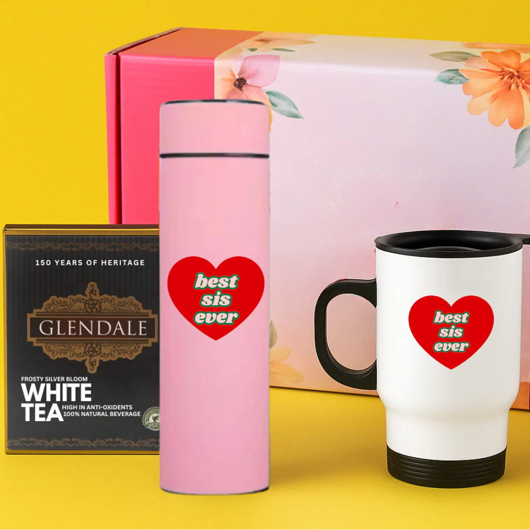 Personalized Rakhi Gift for Sister – Unique Raksha Bandhan Gift Idea - Custom Temperature Flask, Insualted Mug And White Tea Pack - Image 2