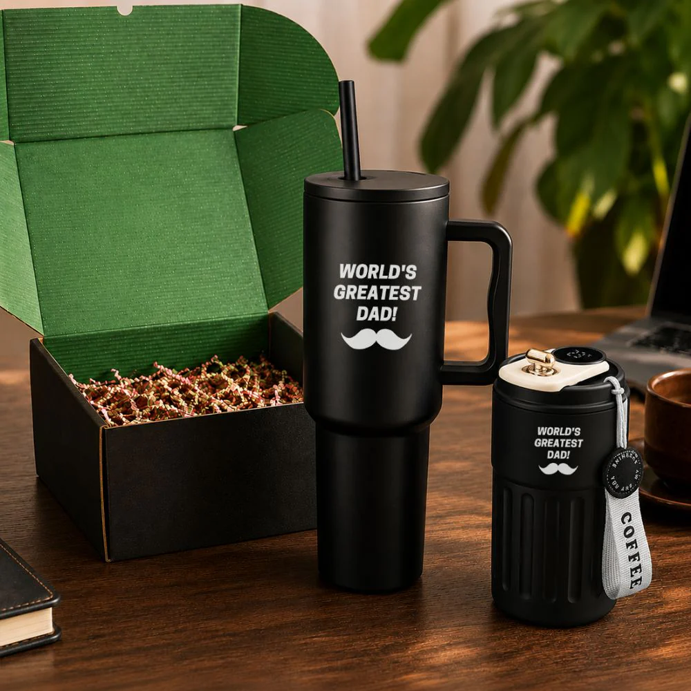 Gift Hamper for Dad | Fathers Day Gift Set Includes 1200ml Travel Tumbler and 500ML Temperature Displaying Coffee Tumbler - Image 2