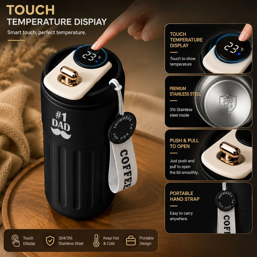 Gift Hamper for Dad | Fathers Day Gift Set Includes 1200ml Travel Tumbler and 500ML Temperature Displaying Coffee Tumbler - Image 3