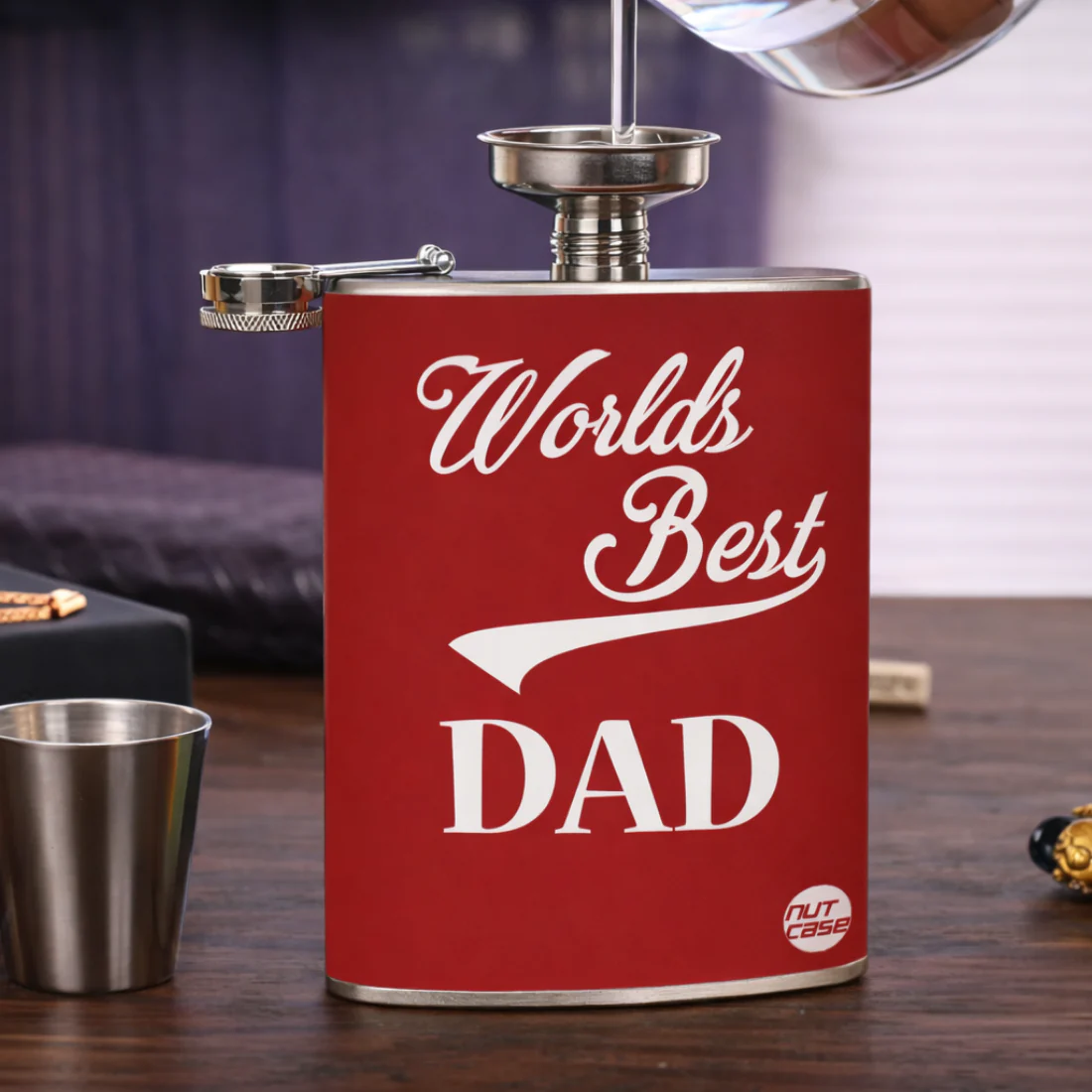 Hip Flask-FATHERS DAY-World Best Day Retro-Red - Image 3
