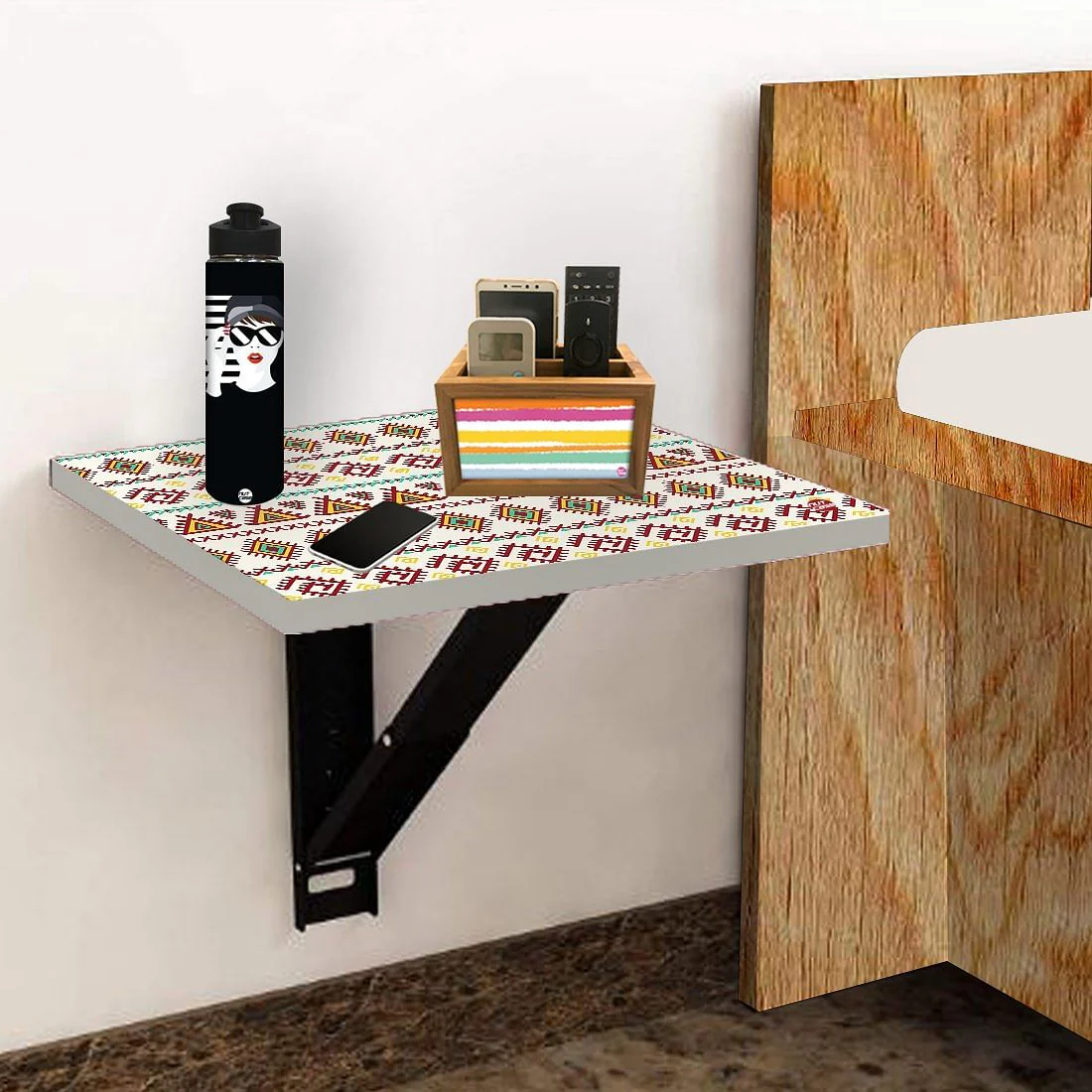 Mounted Bedside Table For Bedroom - Aztec White Green Pattern - Image 4