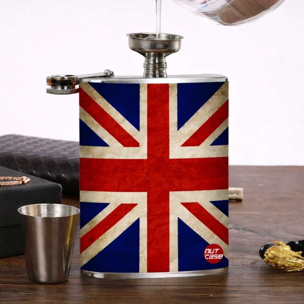 Designer Hip Flask 8oz- Nutcase - Free Funnel Along-Vintage Union Jack British Flag - Image 3
