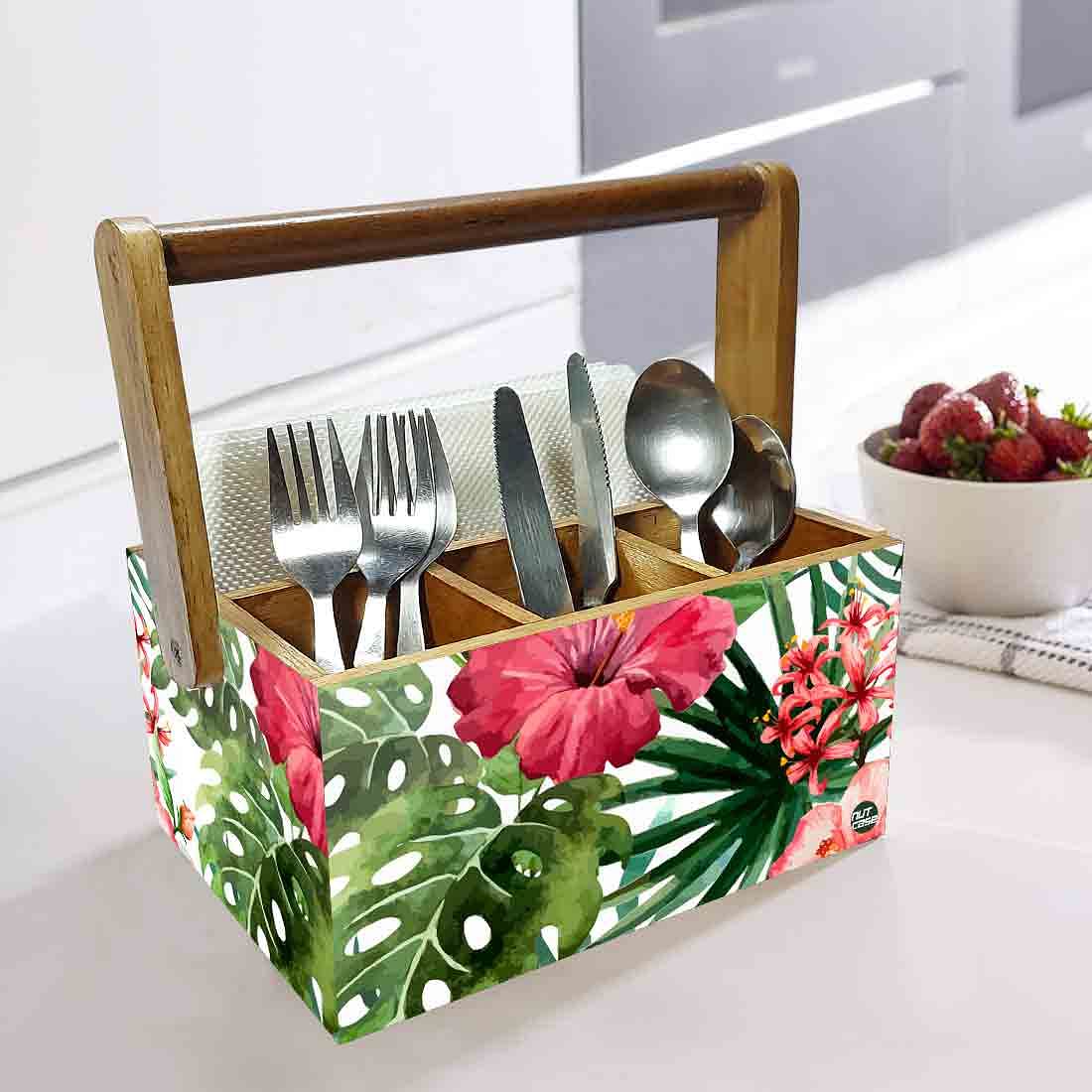 Wooden Tissue and Cutlery Holder for kitchen Organizer With Handle - Hibiscus - Image 2