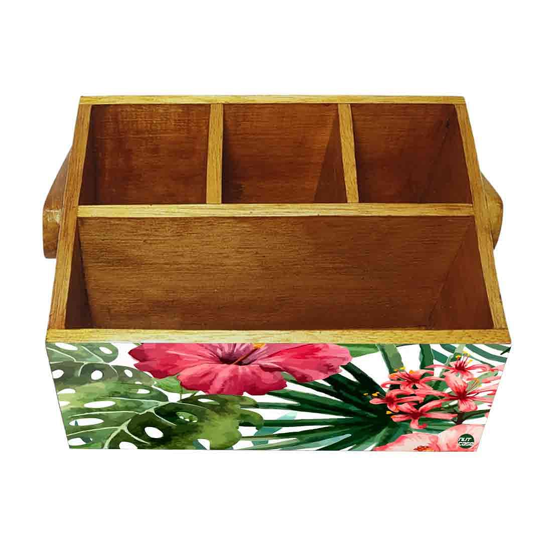 Wooden Tissue and Cutlery Holder for kitchen Organizer With Handle - Hibiscus - Image 4
