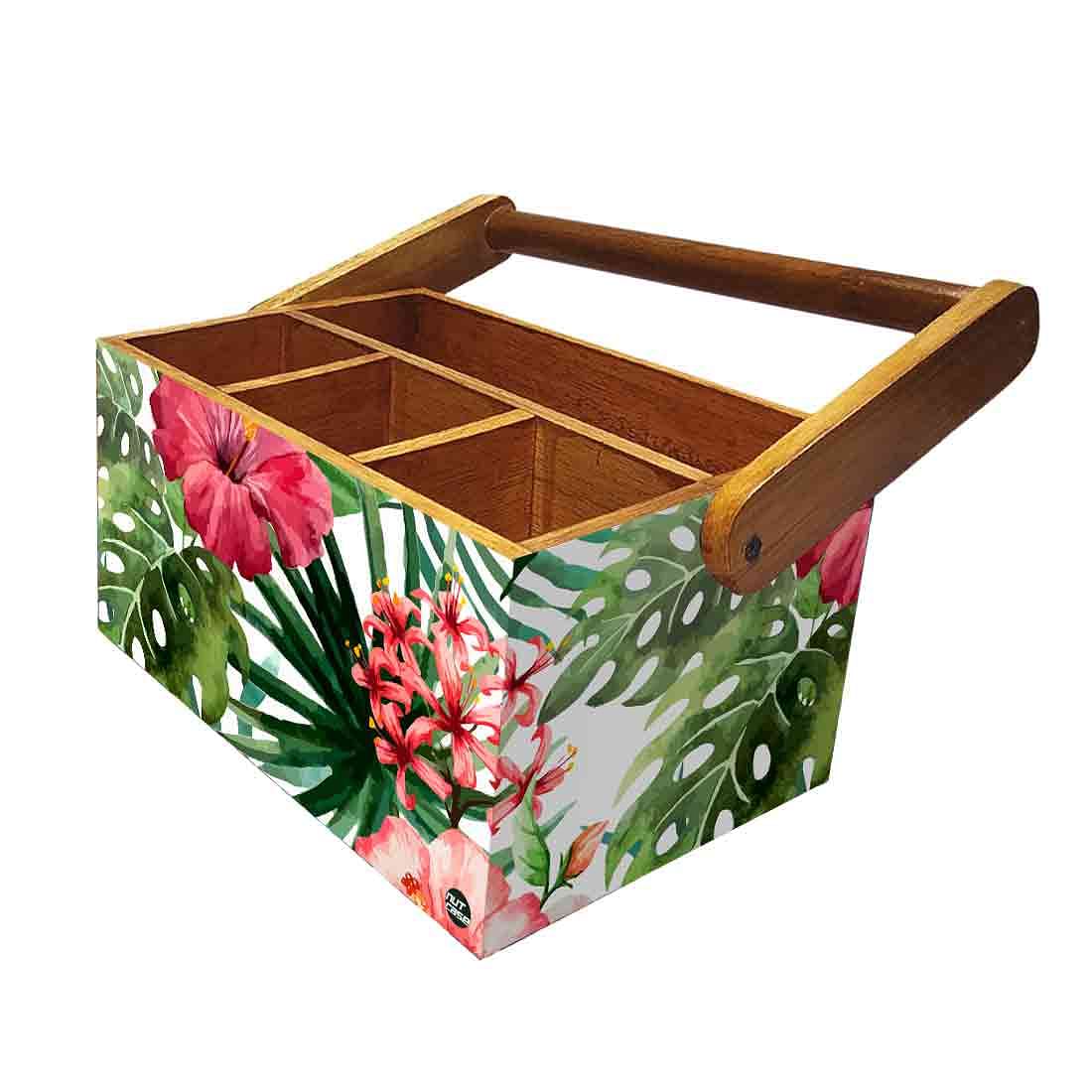 Wooden Tissue and Cutlery Holder for kitchen Organizer With Handle - Hibiscus - Image 5