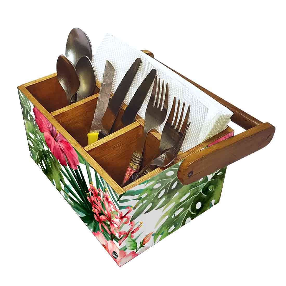 Wooden Tissue and Cutlery Holder for kitchen Organizer With Handle - Hibiscus - Image 6